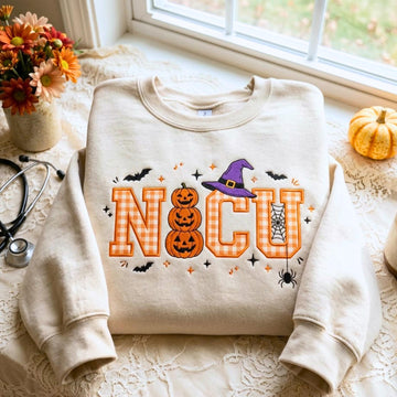 NICU Nurse Halloween Sweatshirt, Embroidered Gingham Pumpkin Crewneck, Fall RN Pullover with Witch Hat Pumpkin, Nurse Gift