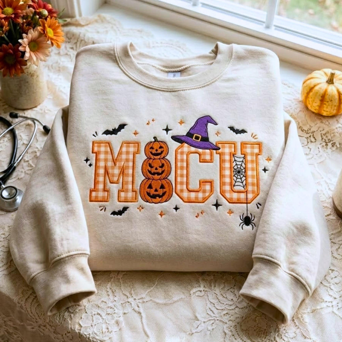 NICU Nurse Halloween Sweatshirt, Embroidered Gingham Pumpkin Crewneck, Fall RN Pullover with Witch Hat Pumpkin, Nurse Gift