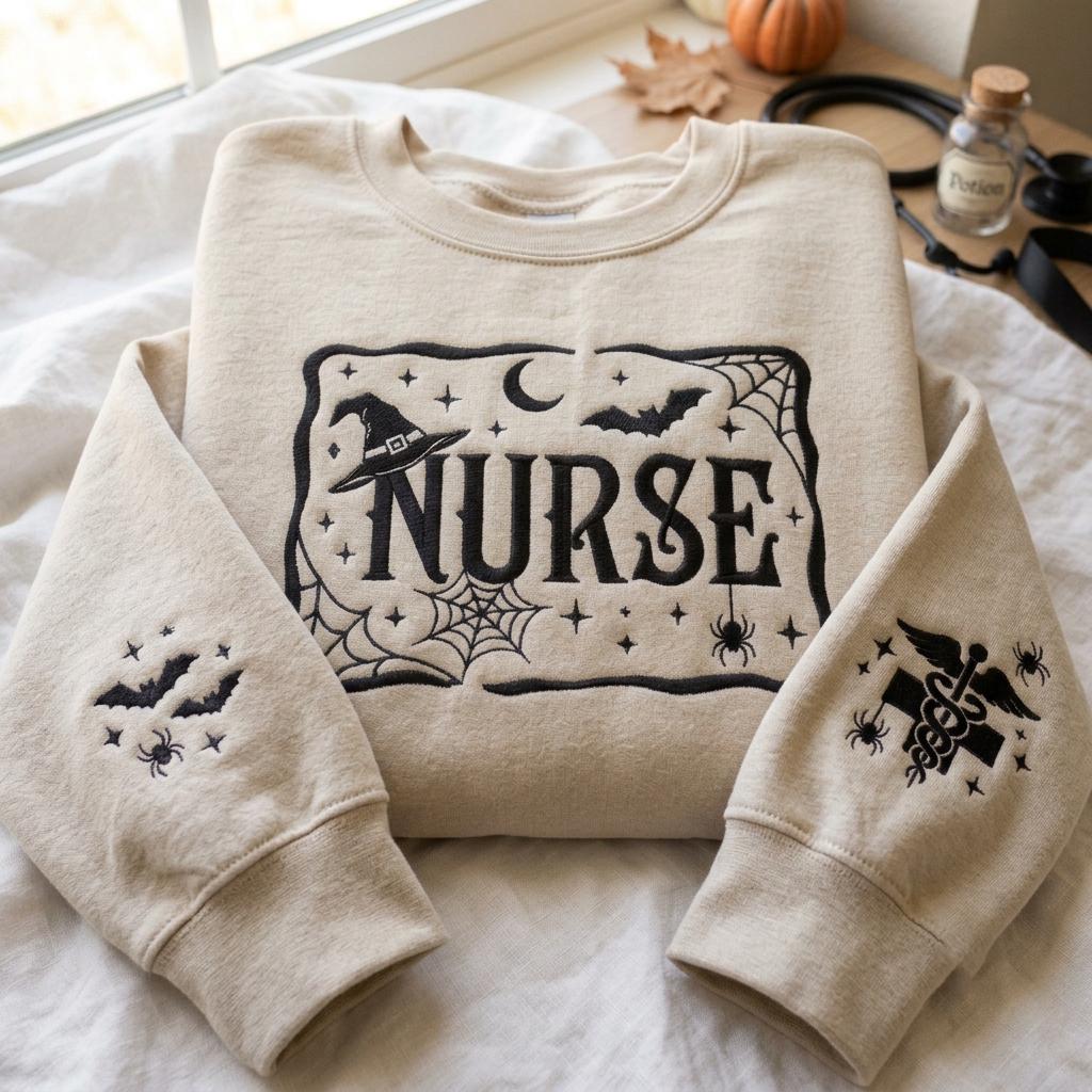 Embroidered Nurse Halloween Sweatshirt, Bat Spider Web Sleeve Embroidery, Spooky Nurse Shirt, Gothic Medical Shirt, Nurse Gift Shirt