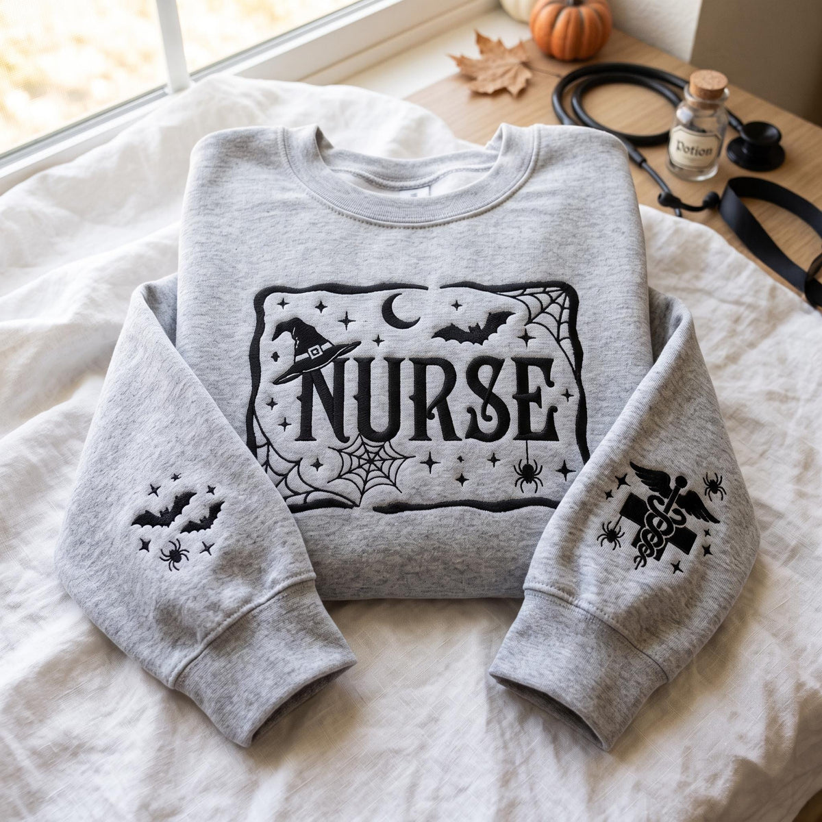 Embroidered Nurse Halloween Sweatshirt, Bat Spider Web Sleeve Embroidery, Spooky Nurse Shirt, Gothic Medical Shirt, Nurse Gift Shirt