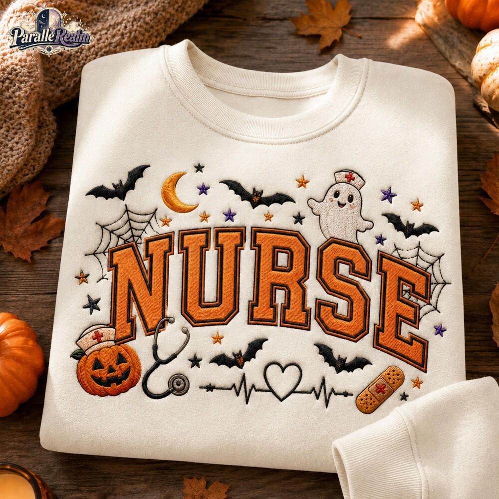 Embroidered Sweatshirt Halloween Nurse, Gothic Nurse Crewneck With Bats And Moon, Spooky Medical Worker Gift Idea For Nurses