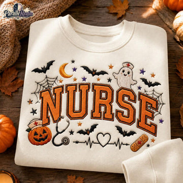 Embroidered Sweatshirt Halloween Nurse, Gothic Nurse Crewneck With Bats And Moon, Spooky Medical Worker Gift Idea For Nurses