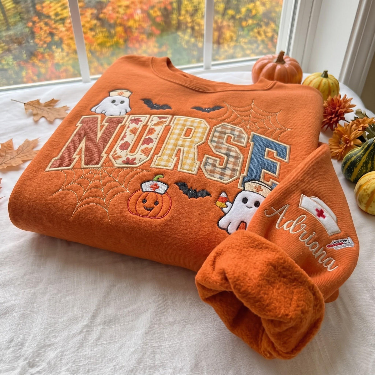 Embroidered Sweatshirt Halloween Nurse Gingham Applique, Ghost Nurse Crewneck, Spooky Fall Nursing Shirt