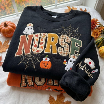 Embroidered Sweatshirt Halloween Nurse Gingham Applique, Ghost Nurse Crewneck, Spooky Fall Nursing Shirt