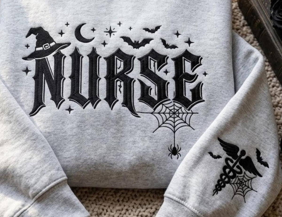 Embroidered Halloween Nurse Sweatshirt Spooky Fall Nursing Pullover Gift for RNs