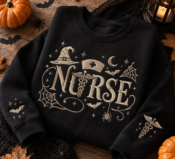 Halloween Nurse Embroidered Crewneck Sweatshirt. Spooky Witchy Medical Pullover