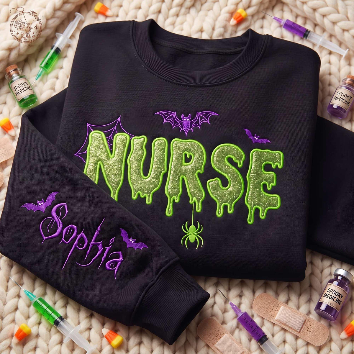EMBROIDERED Halloween Nurse Sweater, Personalized Halloween Glitter Applique Sweatshirt, Custom Name Bats Hoodie, Spooky Nurse Applique Crewneck