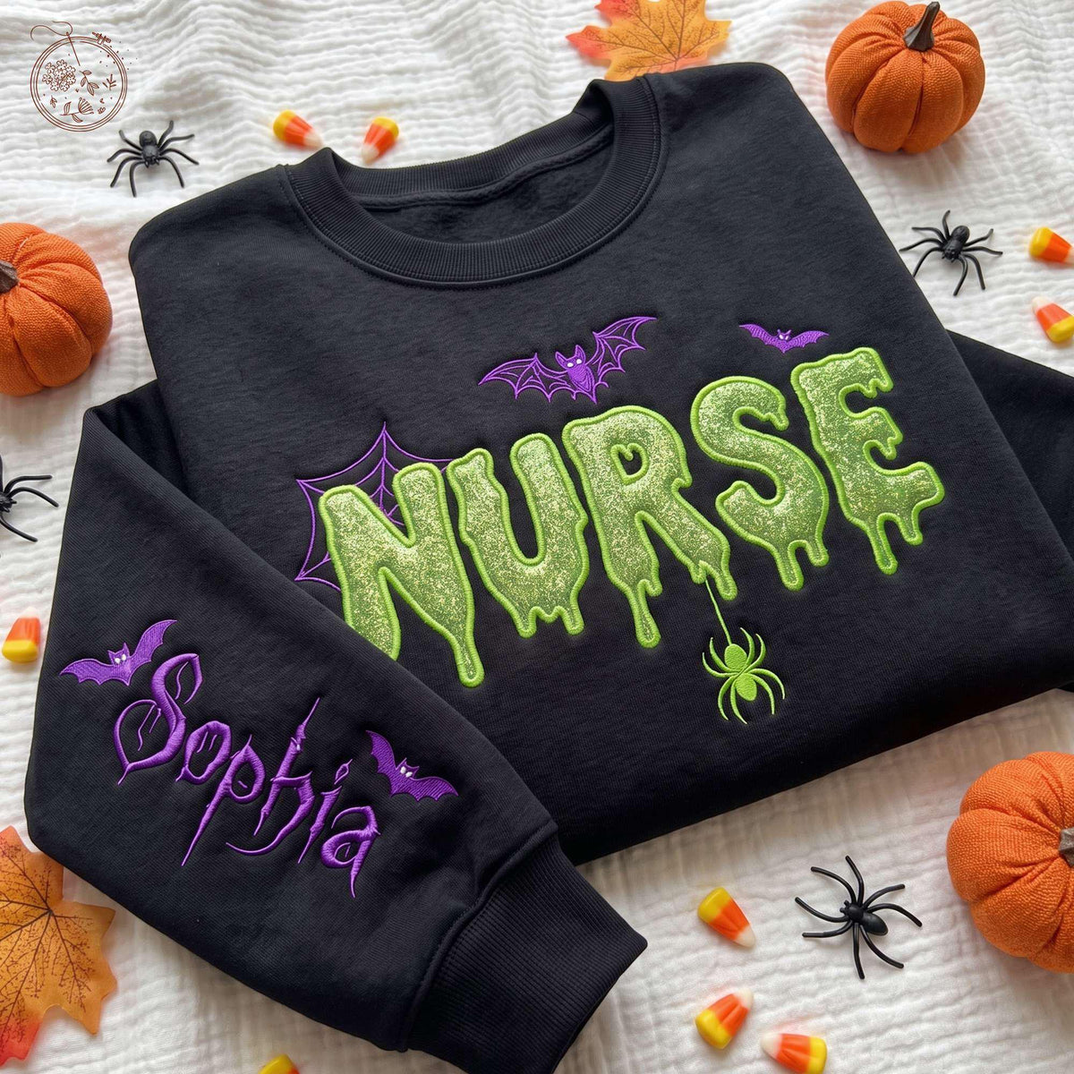EMBROIDERED Halloween Nurse Sweater, Personalized Halloween Glitter Applique Sweatshirt, Custom Name Bats Hoodie, Spooky Nurse Applique Crewneck