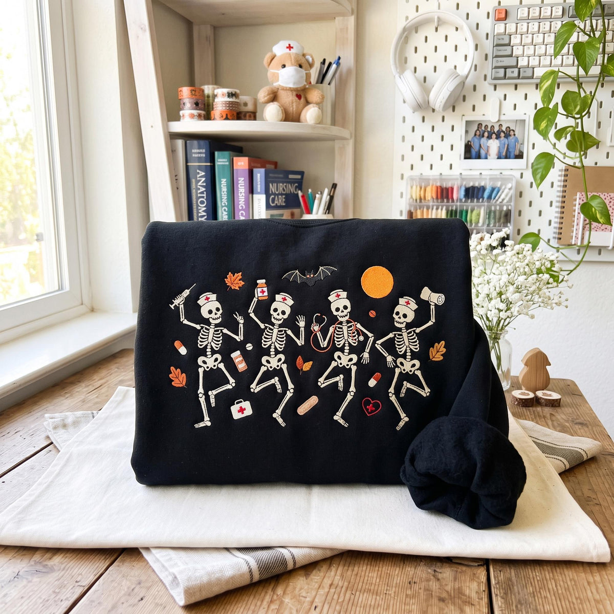 Embroidered Halloween Nurse Skeleton Sweatshirt, Spooky RN Shirt