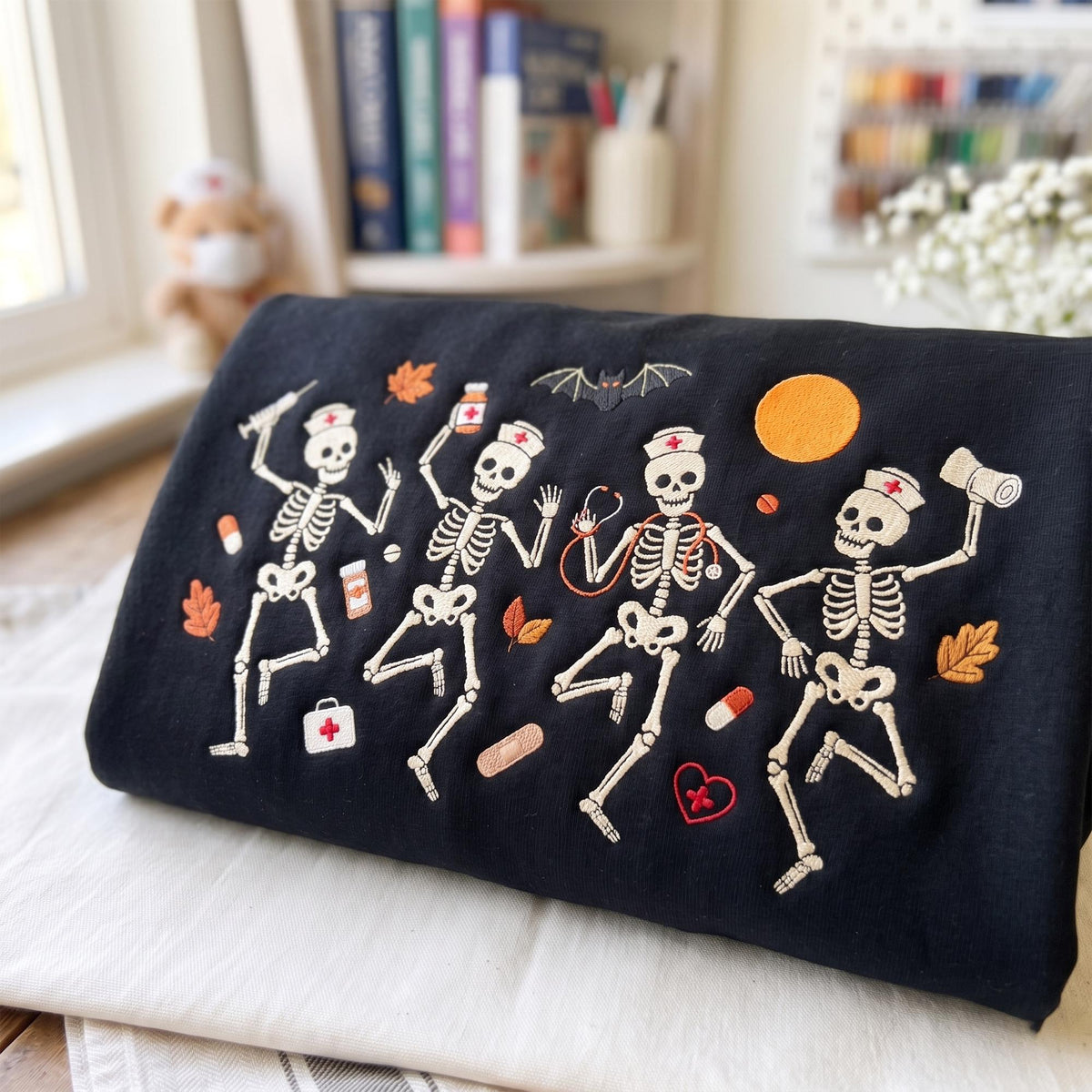 Embroidered Halloween Nurse Skeleton Sweatshirt, Spooky RN Shirt