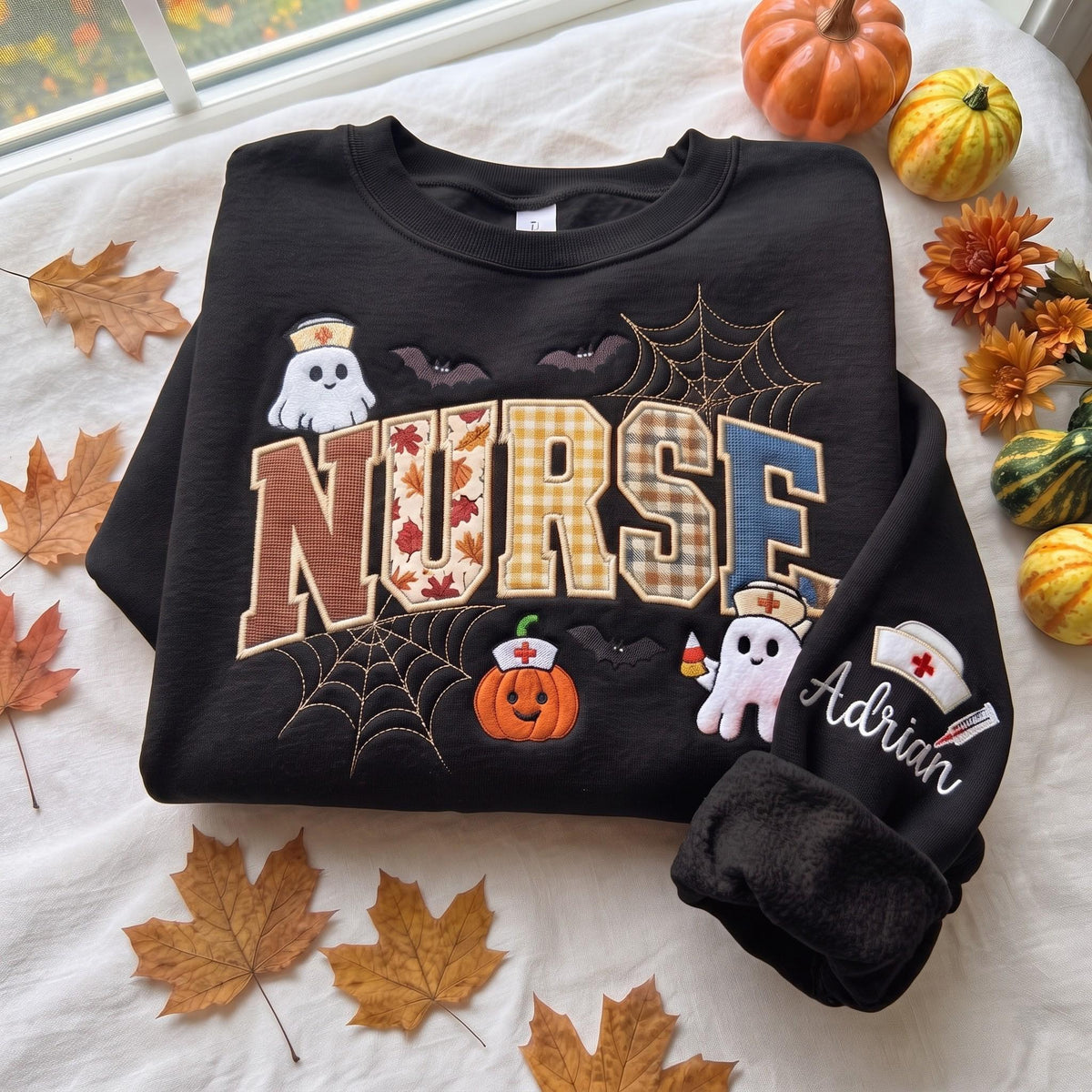Embroidered Sweatshirt Halloween Nurse Gingham Applique, Ghost Nurse Crewneck, Spooky Fall Nursing Shirt