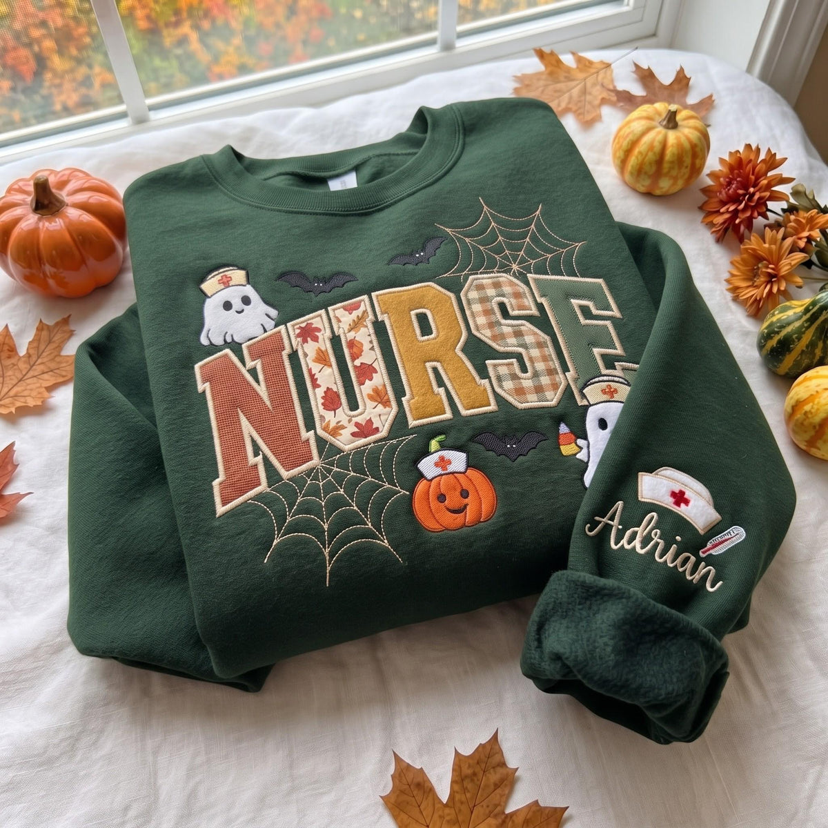 Embroidered Sweatshirt Halloween Nurse Gingham Applique, Ghost Nurse Crewneck, Spooky Fall Nursing Shirt