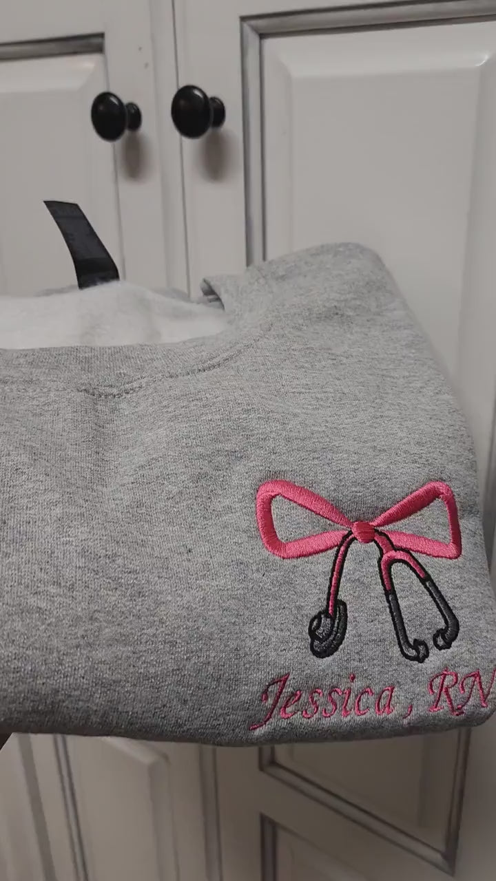 Custom Embroidered Sweatshirt Nurse Coquette, Stethoscope Bow Embroidery For RN, CAN, LPN, ER, ICU, School Nurses